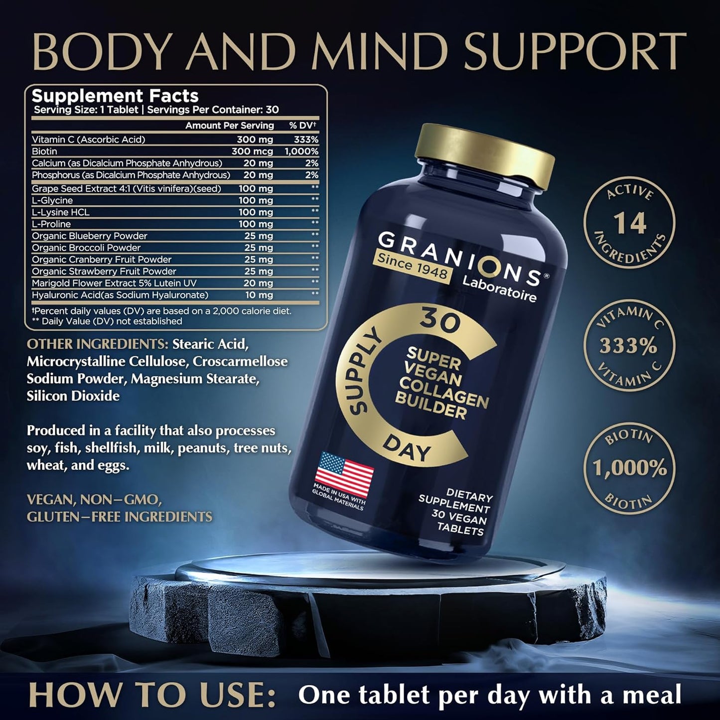 Plant Based Collagen Supplements for Hair, Skin, Nails & Joints - Vegan Biotin, Hyaluronic Acid, Amino Acids - 60 Vegan Pills