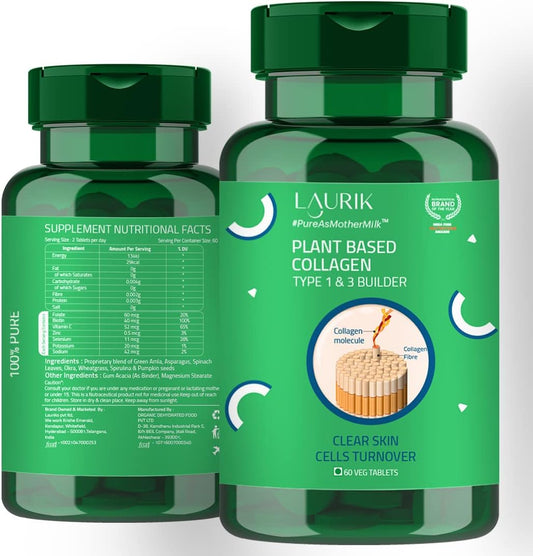 Plant Based Collagen Type 1 & 3 Tablets for Skin Radiance - 60 Tablets for Men and Women