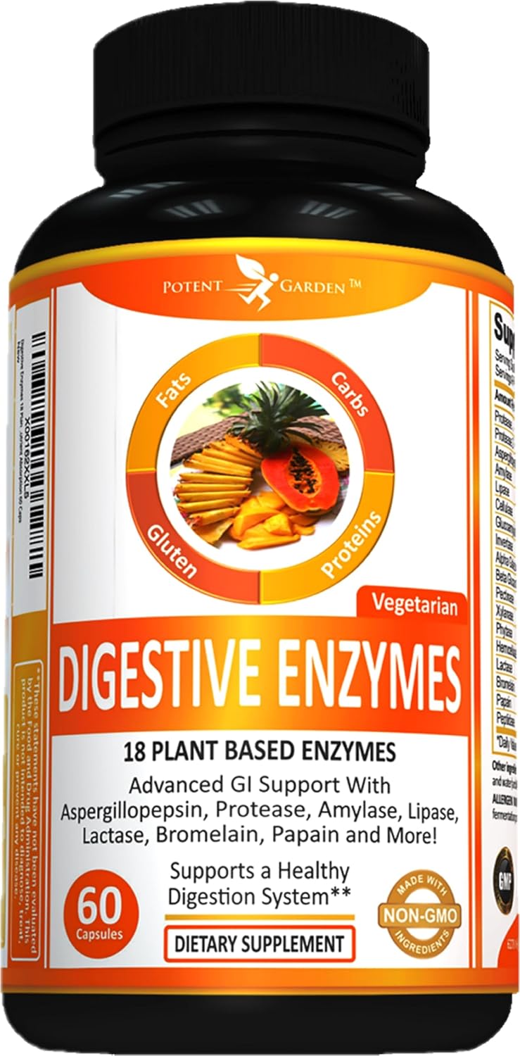 Plant Based Digestive Enzymes - 18 Enzymes for Healthy Digestion - Supports Nutrient Absorption - 60 Capsules