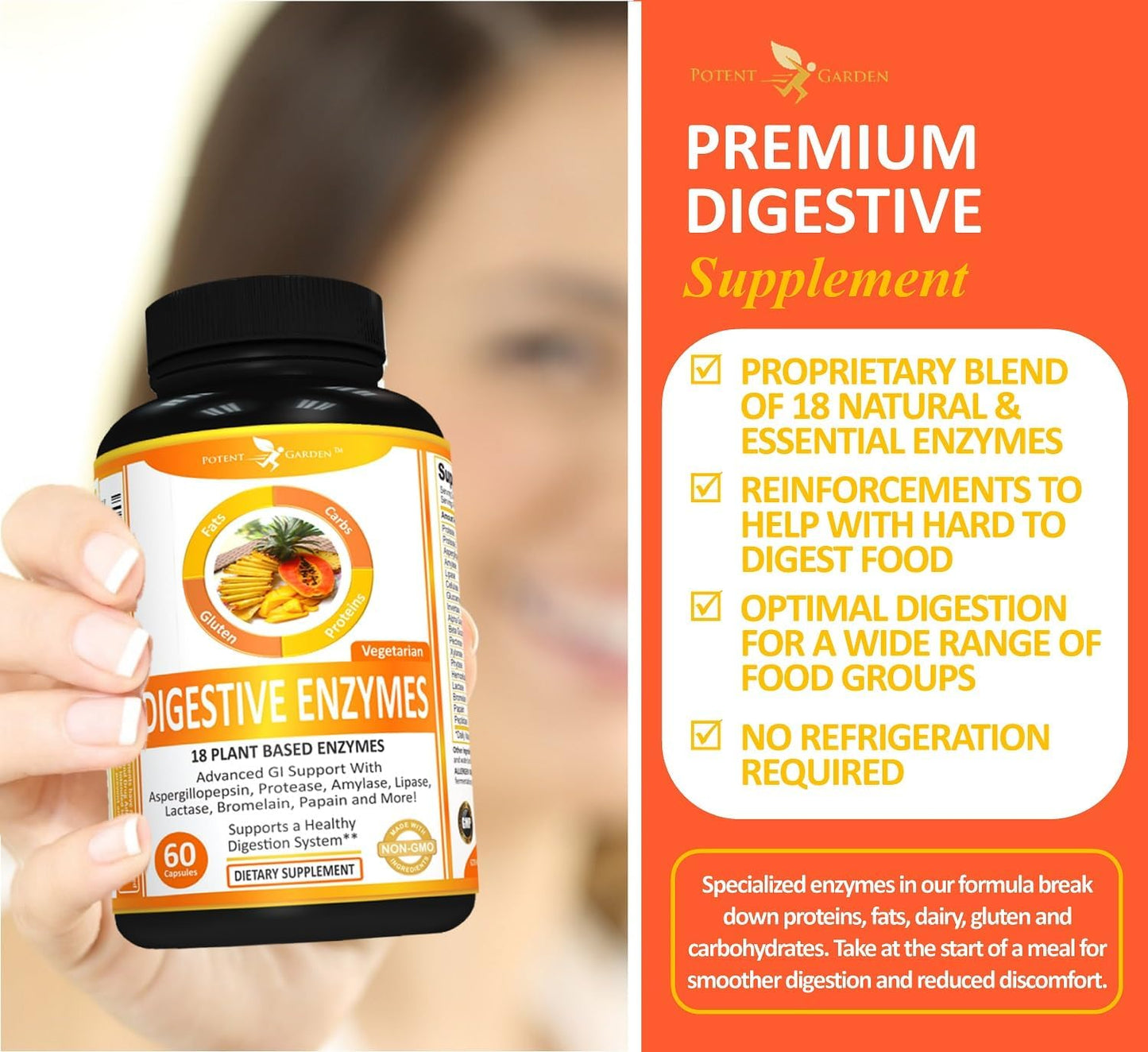 Plant Based Digestive Enzymes - 18 Enzymes for Healthy Digestion - Supports Nutrient Absorption - 60 Capsules