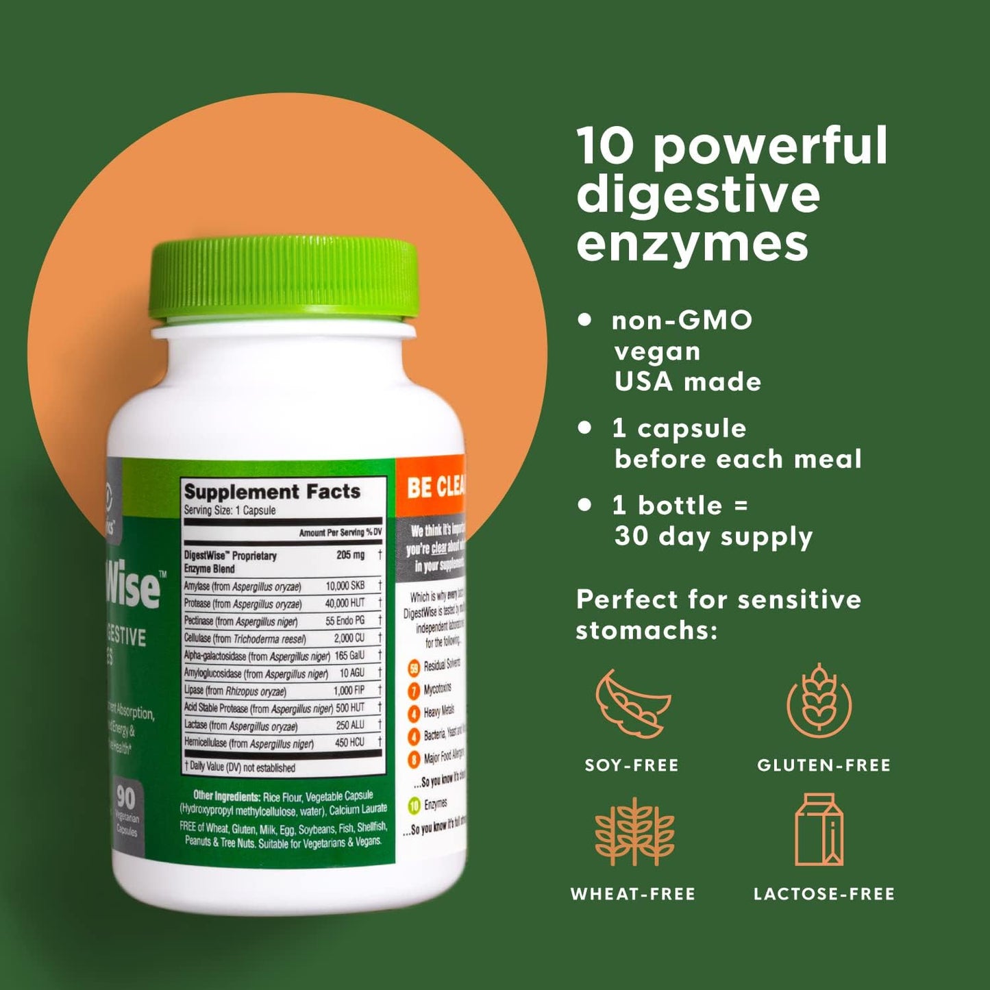 Plant-Based Digestive Enzymes - Vegan Support for Digestion, Gas, Bloating & Constipation - Keto Friendly - Lab Tested - 90 Capsules