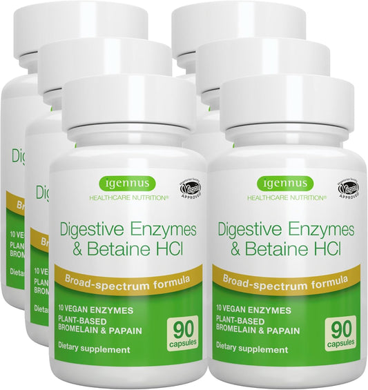 Plant-Based Digestive Enzymes & Betaine HCl Supplement for Women and Men - 6 Pack