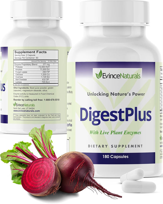 Plant-Based Digestive Enzymes Supplement for Efficient Food Digestion - Reduce Bloating & Gas - EvinceNaturals Digestion Aid, 180 Capsules