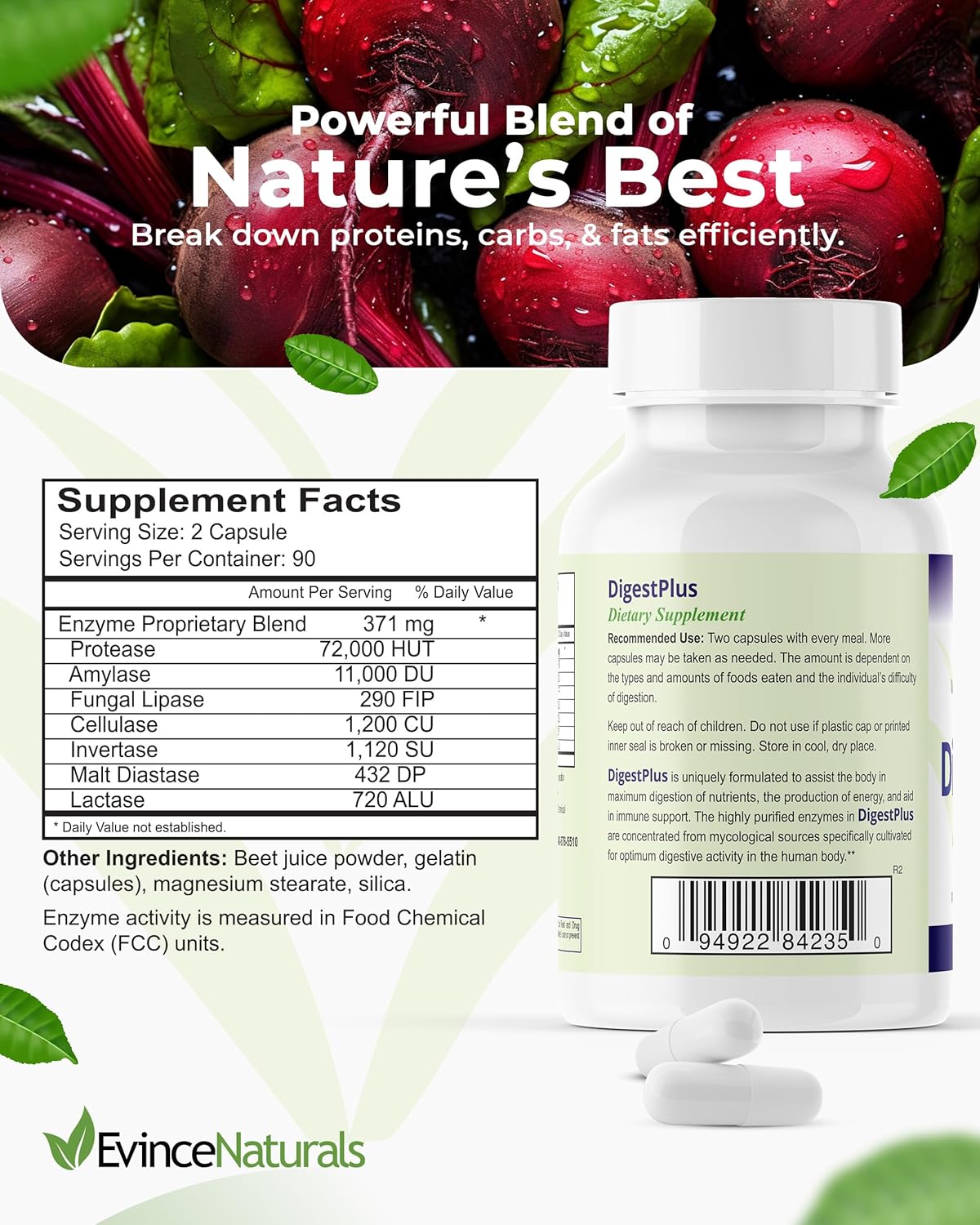 Plant-Based Digestive Enzymes Supplement for Efficient Food Digestion - Reduce Bloating & Gas - EvinceNaturals Digestion Aid, 180 Capsules