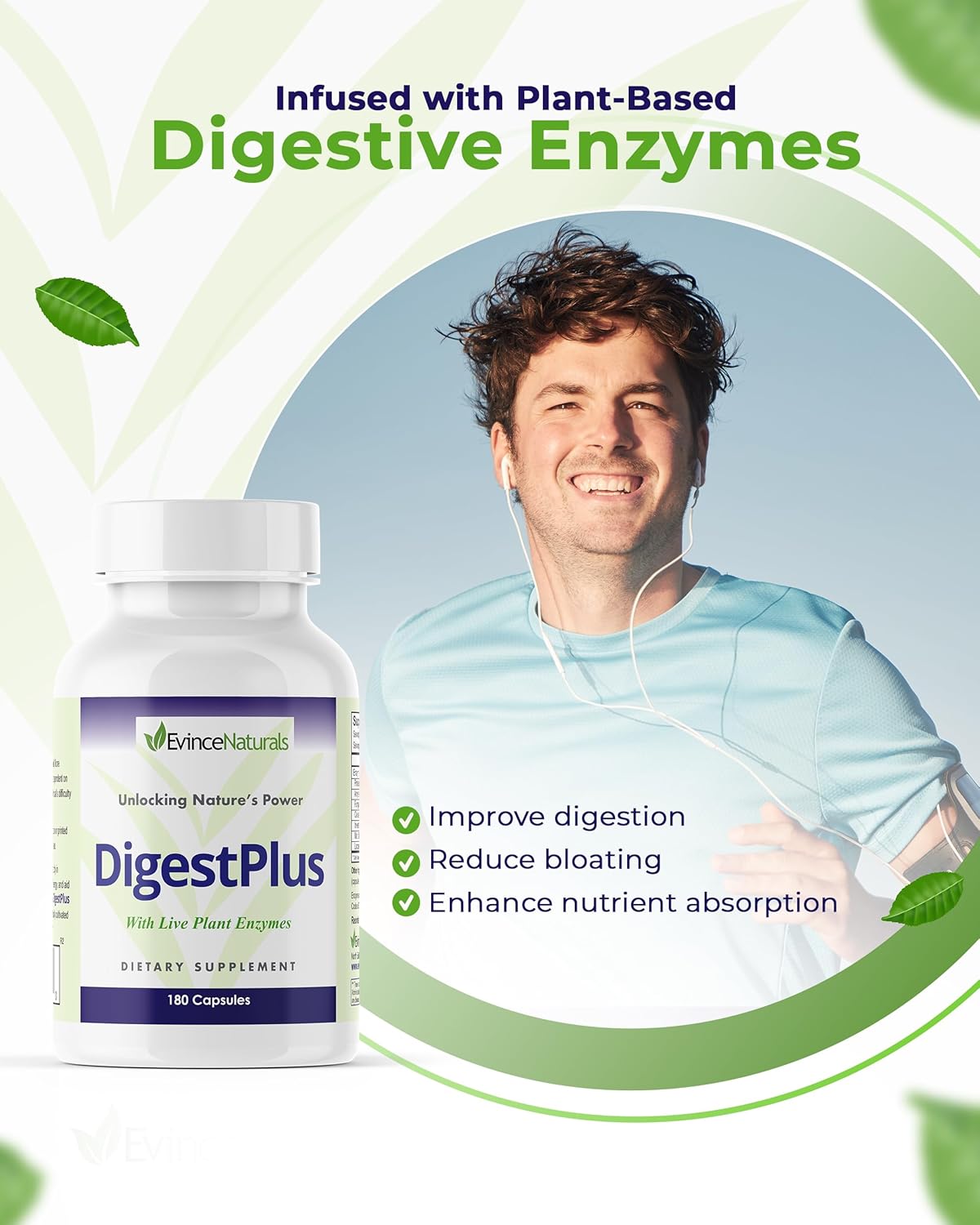 Plant-Based Digestive Enzymes Supplement for Efficient Food Digestion - Reduce Bloating & Gas - EvinceNaturals Digestion Aid, 180 Capsules