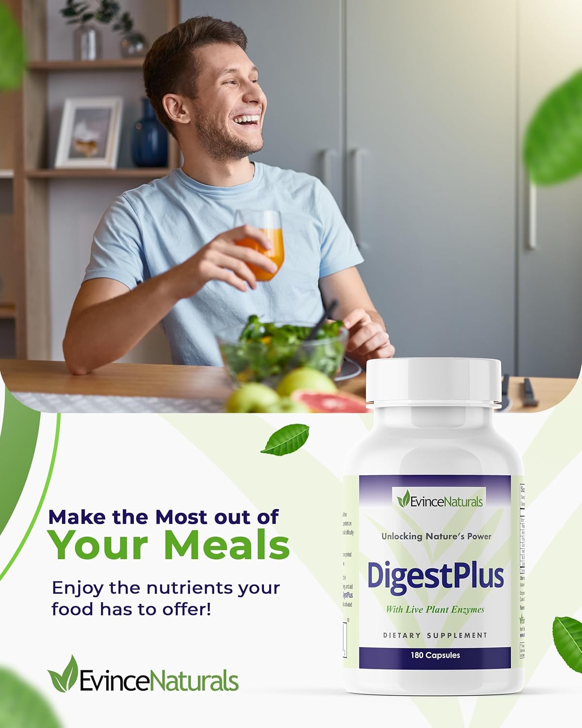 Plant-Based Digestive Enzymes Supplement for Efficient Food Digestion - Reduce Bloating & Gas - EvinceNaturals Digestion Aid, 180 Capsules