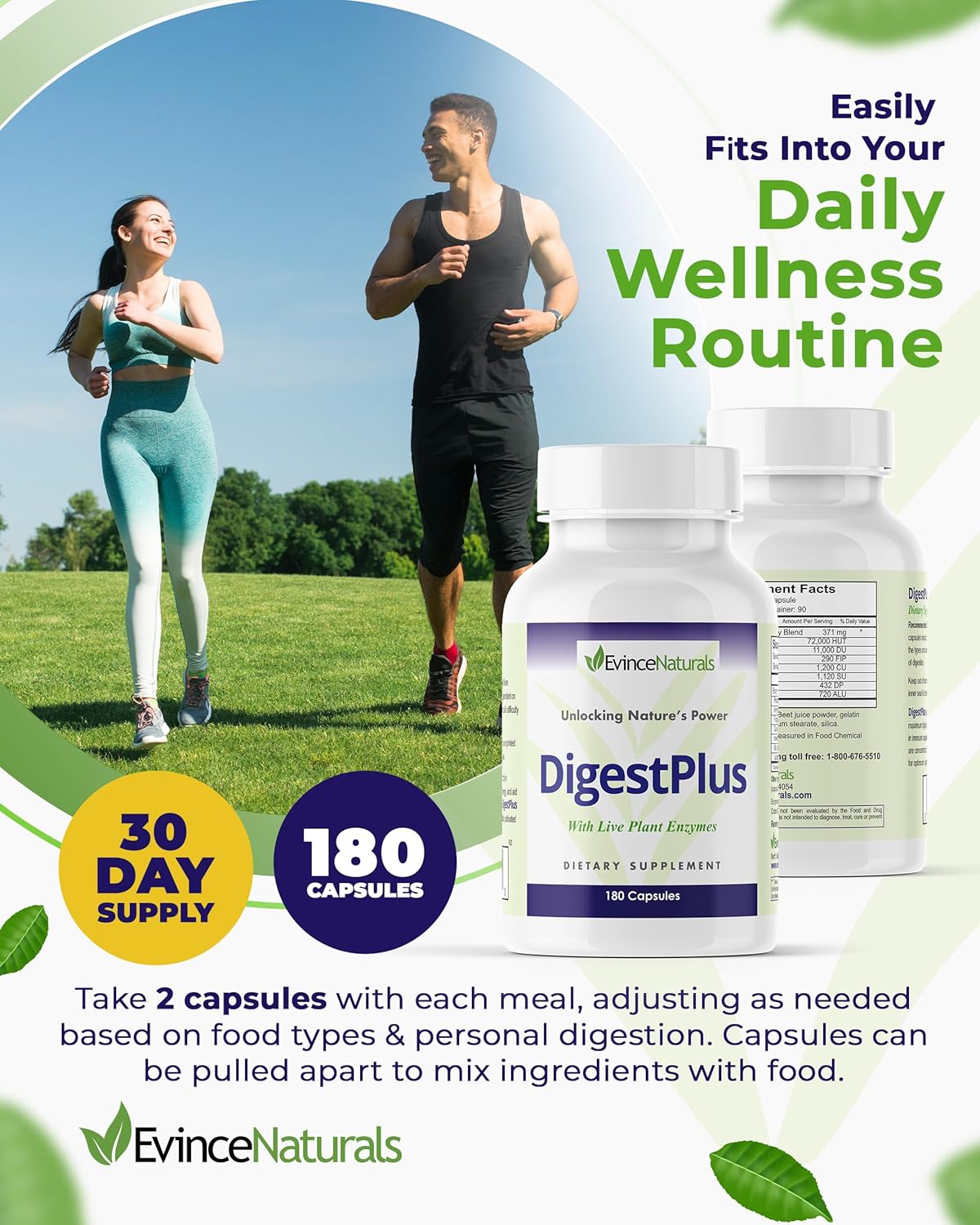 Plant-Based Digestive Enzymes Supplement for Efficient Food Digestion - Reduce Bloating & Gas - EvinceNaturals Digestion Aid, 180 Capsules