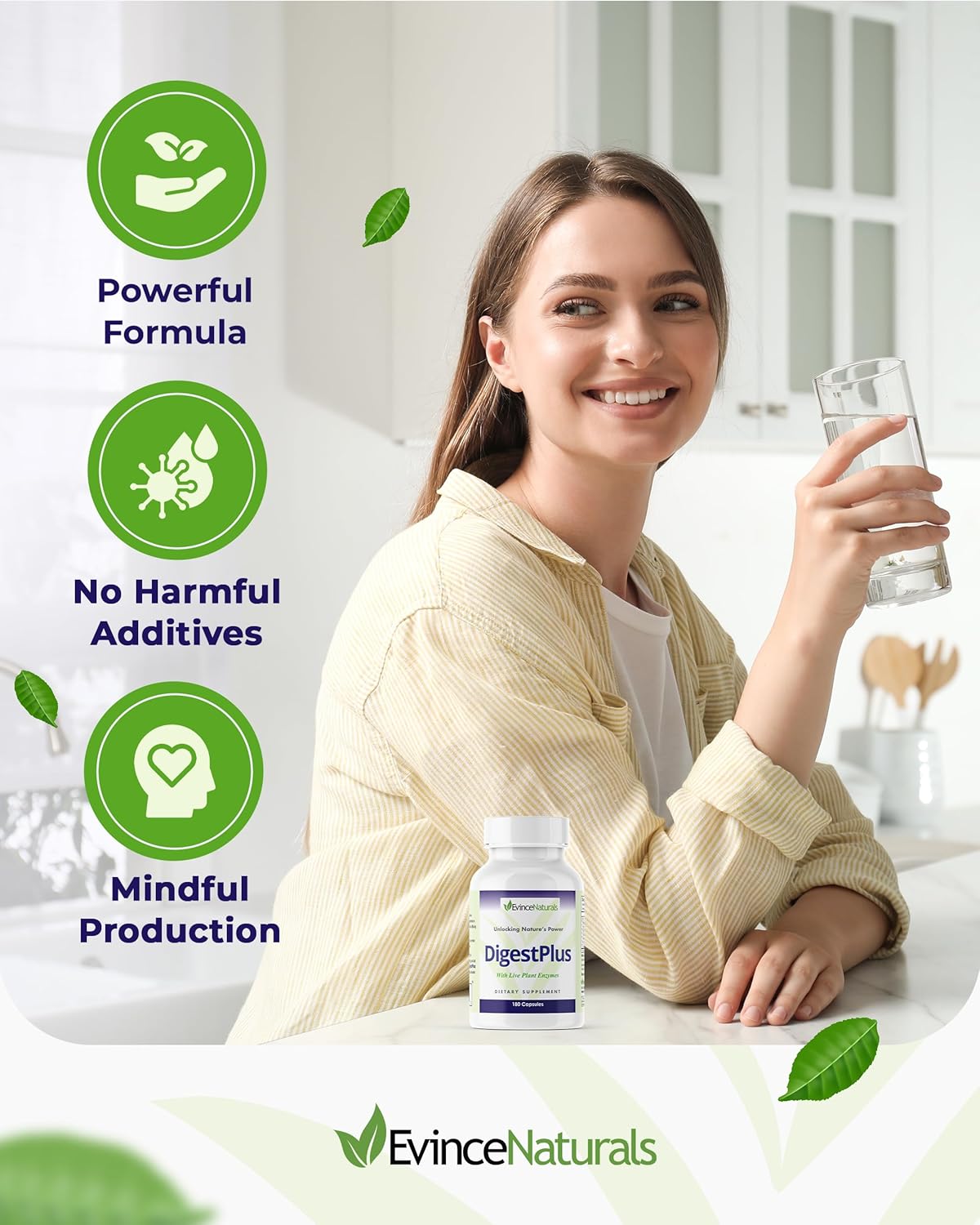 Plant-Based Digestive Enzymes Supplement for Efficient Food Digestion - Reduce Bloating & Gas - EvinceNaturals Digestion Aid, 180 Capsules