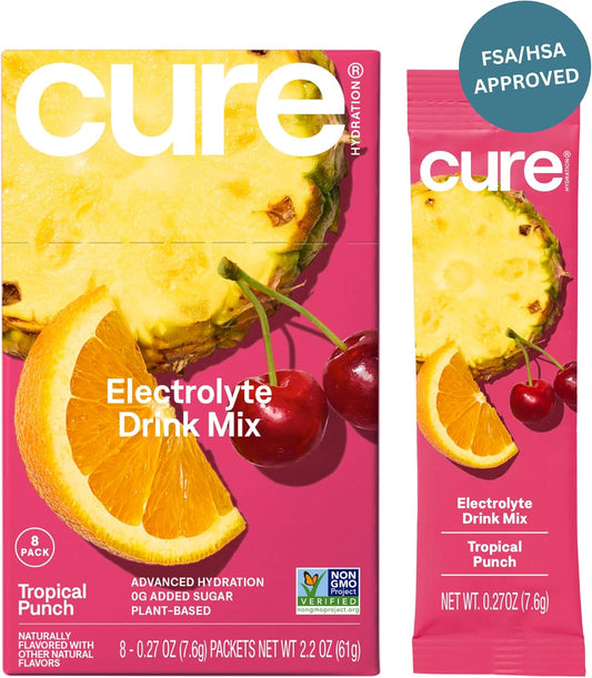 Plant-Based Electrolyte Drink Mix for Dehydration Relief | Coconut Water Powder | Non-GMO Vegan | Tropical Punch Flavor - Box of 8 Packets
