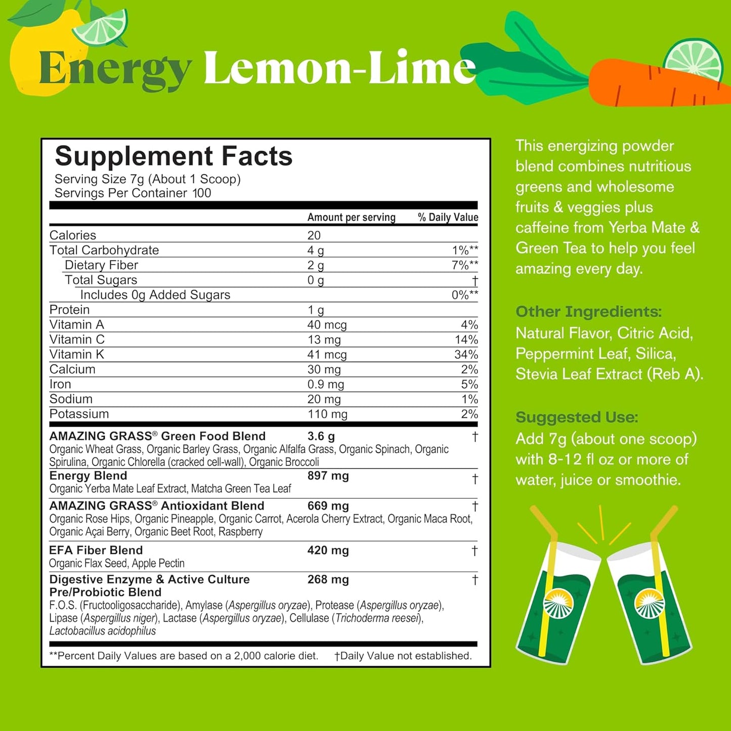 Plant-Based Energy Boost: Green Superfood Powder with Caffeine, Matcha, Flax Seed, Nootropic Support - Lemon Lime, 100 Servings