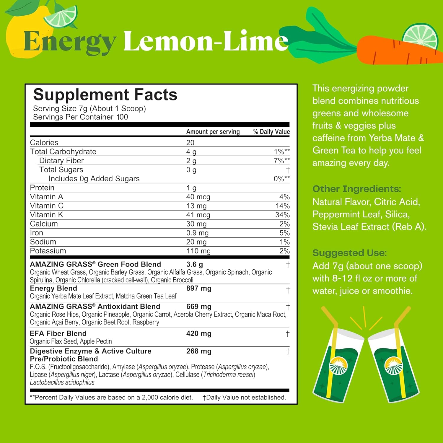 Plant-Based Energy Boost: Green Superfood Powder with Caffeine, Matcha, Flax Seed, Nootropic Support - Lemon Lime, 100 Servings