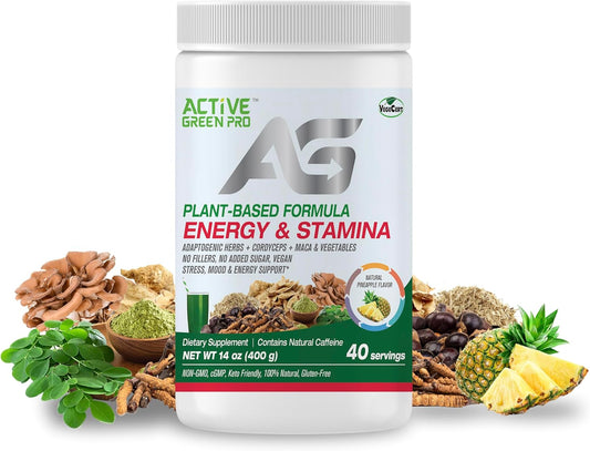 Plant-Based Energy & Stamina Powder with Adaptogenic Herbs, Cordyceps, Maca - No Fillers, 40 Servings