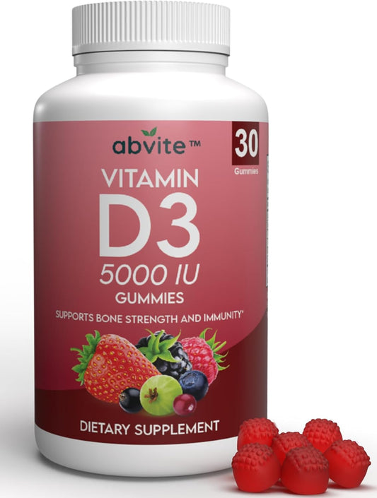 Plant-Based Extra Strength Vitamin D3 5000IU Gummies for Bone Health and Immunity - Gluten Free, No Artificial Flavors - Made in USA - 30 Count