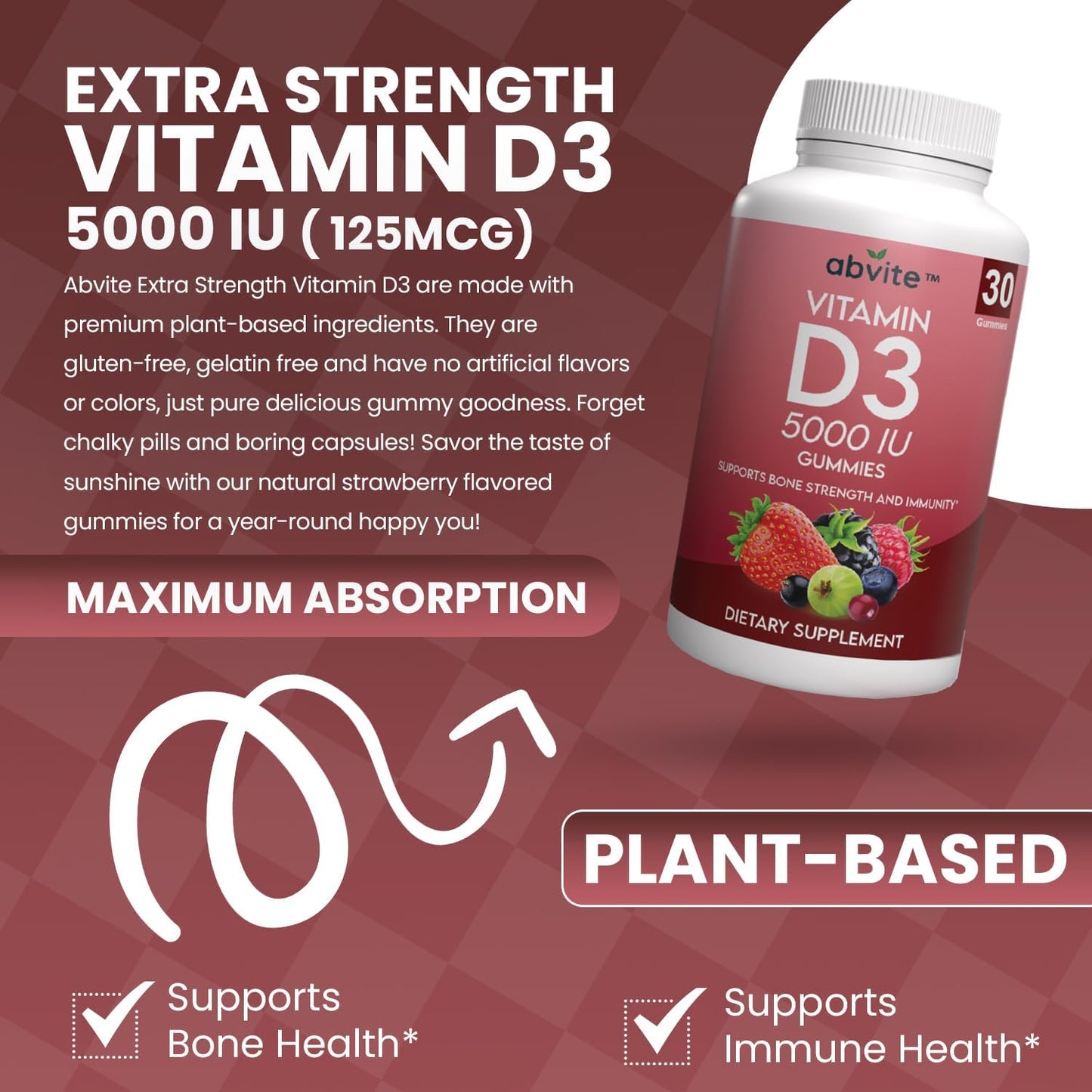 Plant-Based Extra Strength Vitamin D3 5000IU Gummies for Bone Health and Immunity - Gluten Free, No Artificial Flavors - Made in USA - 30 Count
