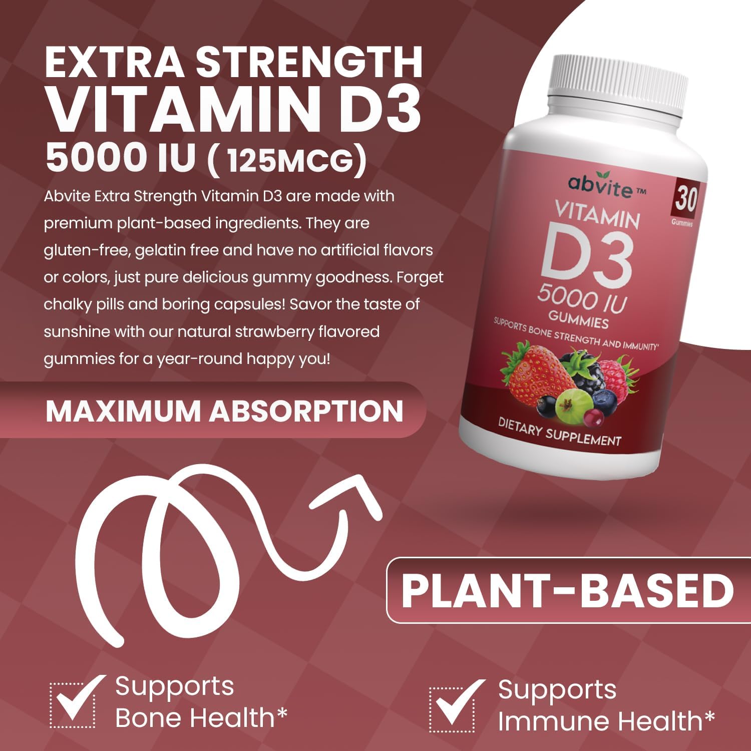 Plant-Based Extra Strength Vitamin D3 5000IU Gummies for Bone Health and Immunity - Gluten Free, No Artificial Flavors - Made in USA - 30 Count