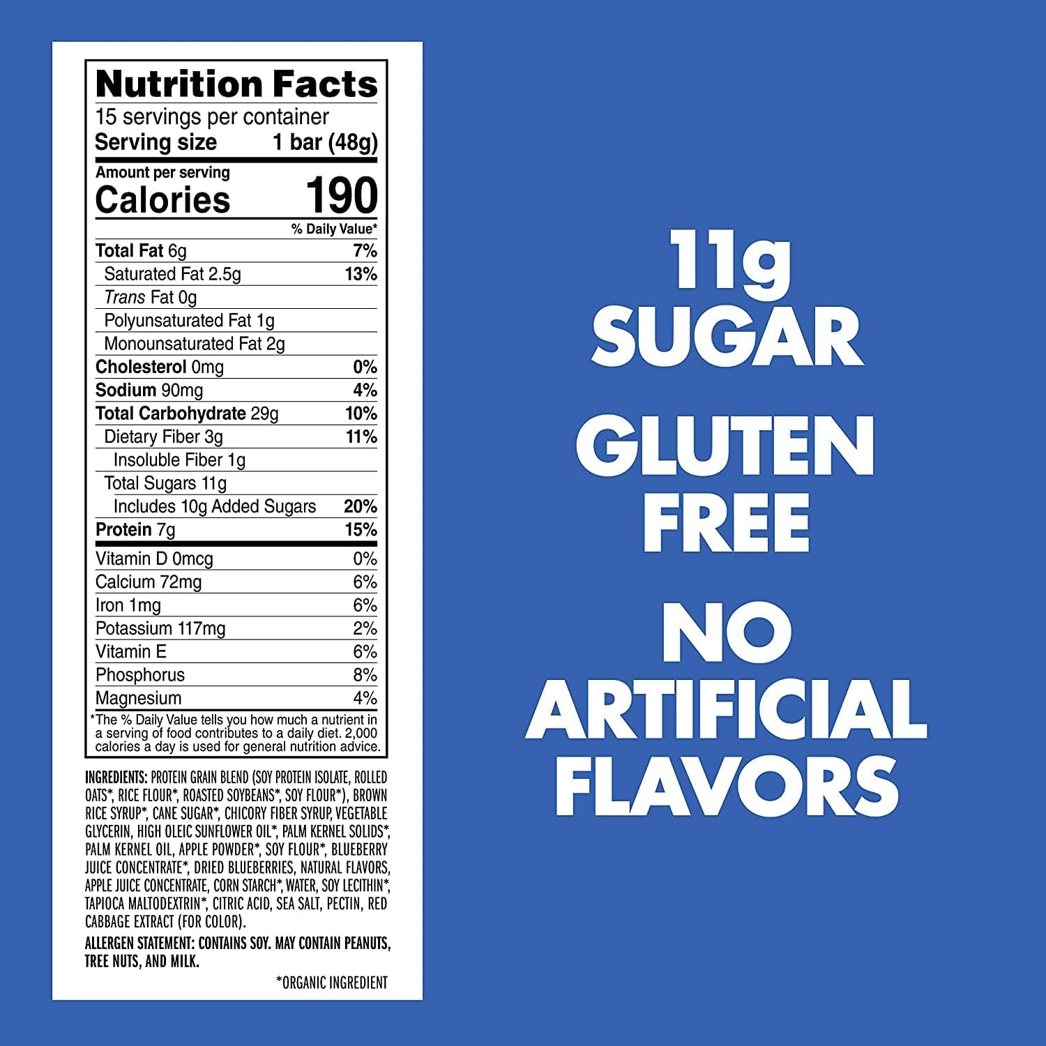 Plant-Based Gluten Free Blueberry Bliss Snack Bars - 7g Protein, Non-GMO, On the Go Snacks - 15 Count (1.69 oz Bars)