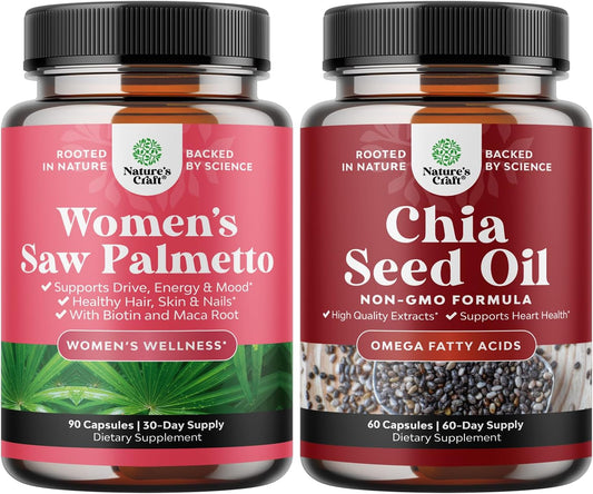 Plant Based Hair Growth Bundle - Saw Palmetto & Chia Seed Oil Capsules for Women - Stronger, Thicker Hair - Omega 3 6 9 Supplement
