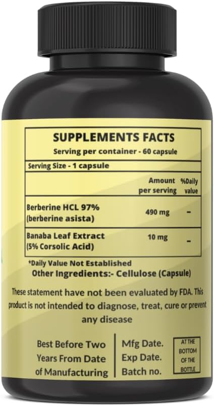 Plant-Based Heroot Berberine HCl with Banaba 500mg Capsules - Non-GMO, Vegan Extract - 120 Count