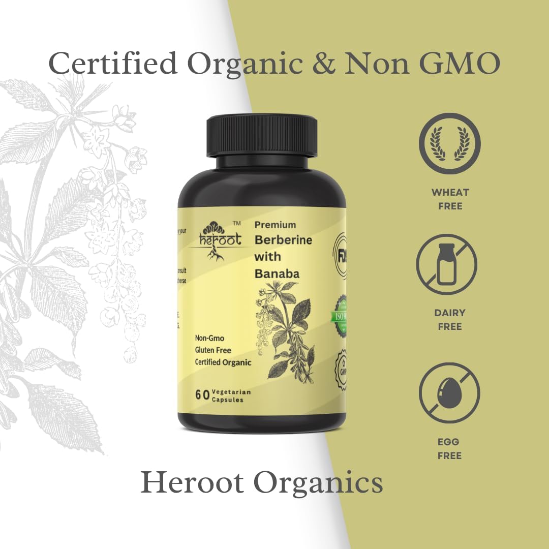 Plant-Based Heroot Berberine HCl with Banaba 500mg Capsules - Non-GMO, Vegan Extract - 120 Count