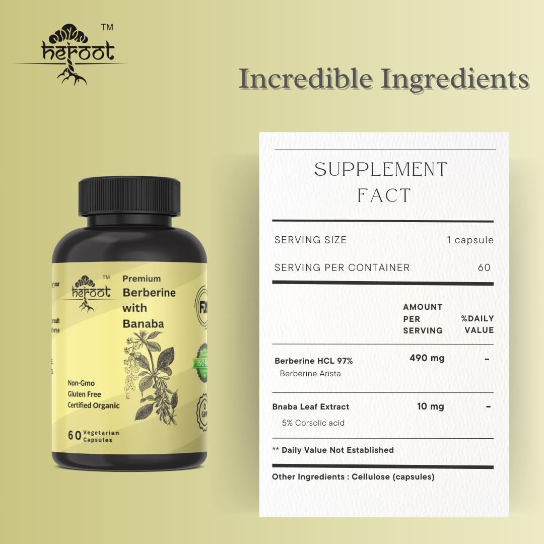 Plant-Based Heroot Berberine HCl with Banaba 500mg Capsules - Non-GMO, Vegan Extract - 120 Count