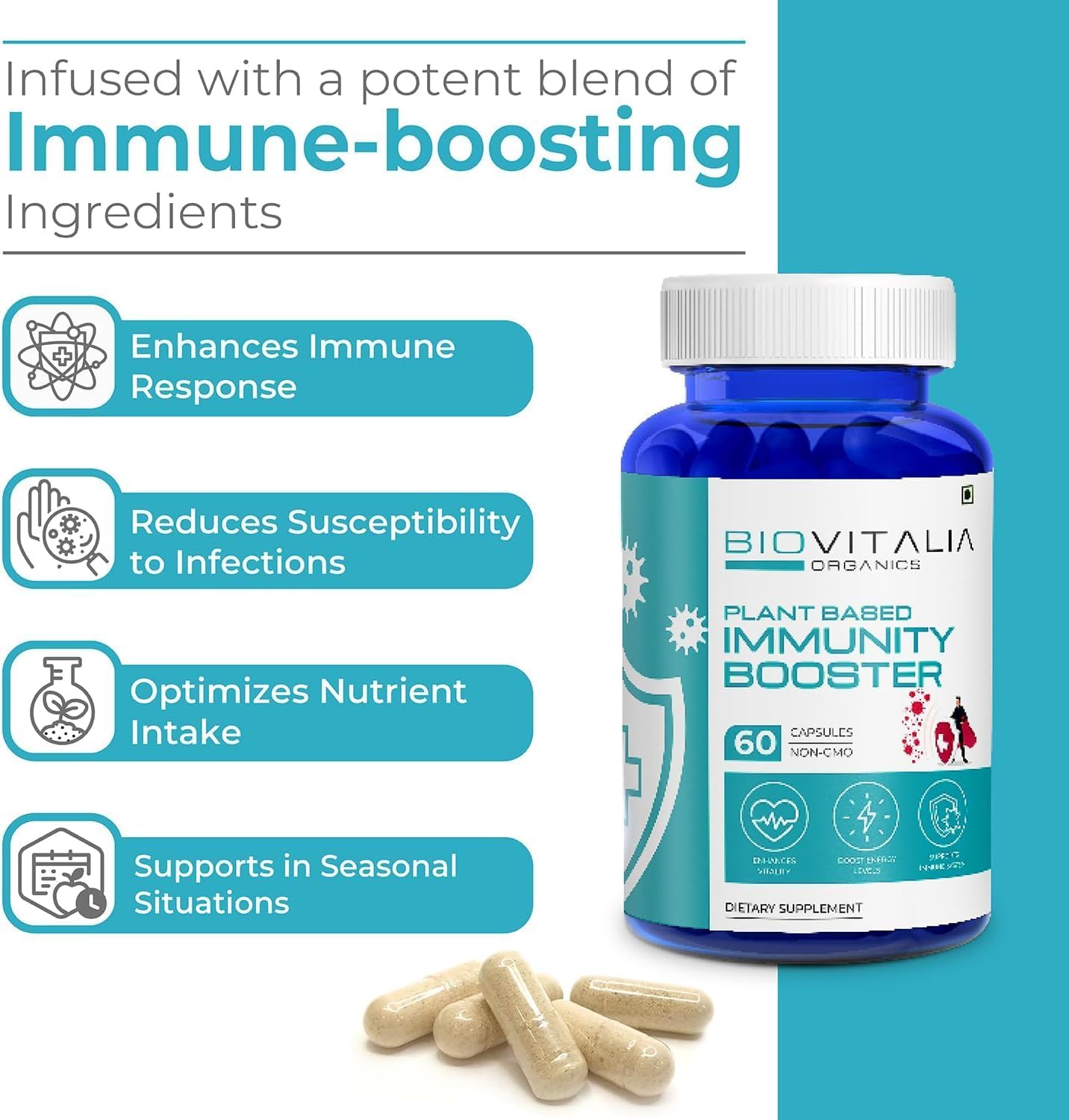 Plant Based Immunity Booster Capsules for Adults - Natural Dietary Supplement for Healthy Heart Function - 60 Capsules