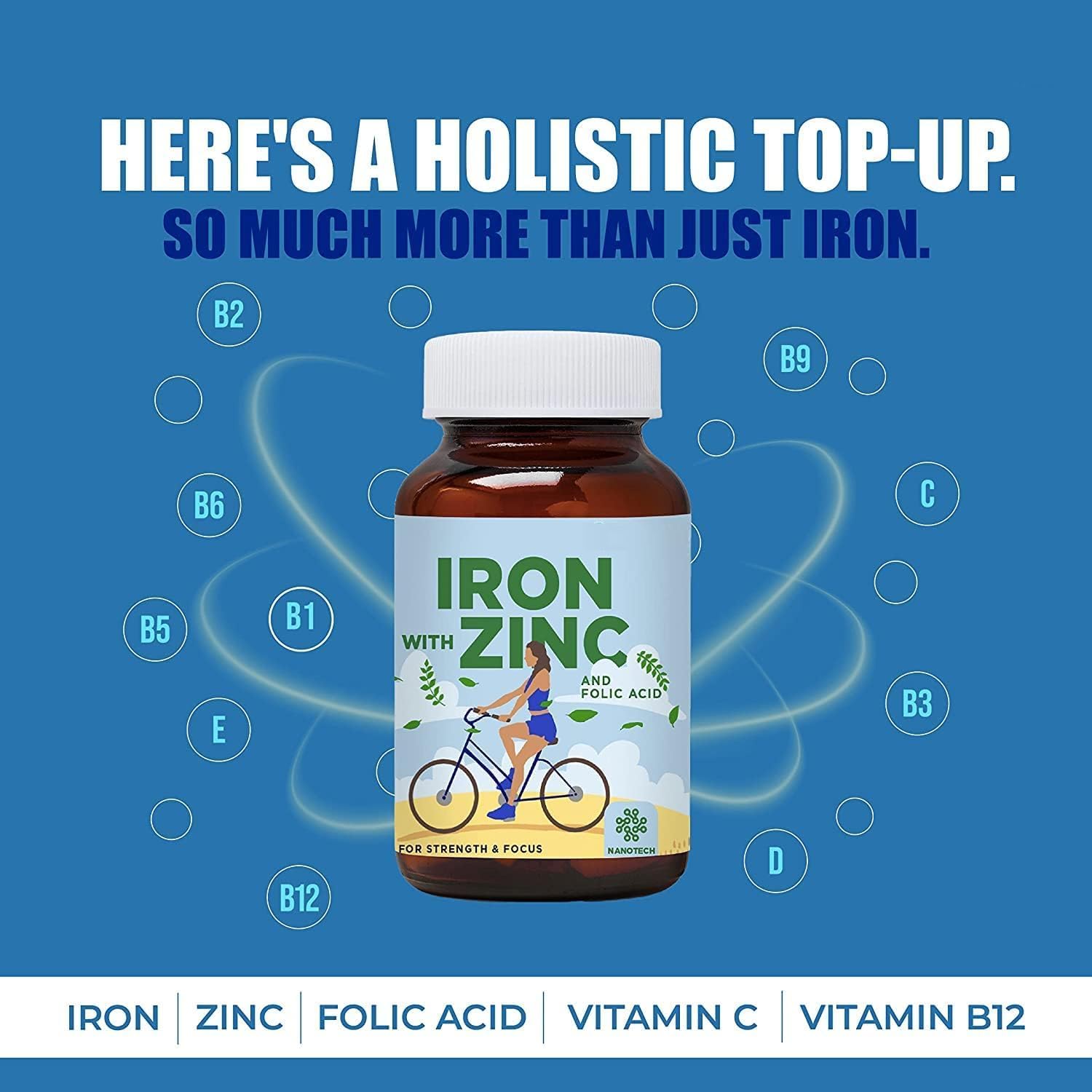 Plant Based Iron Folic Zinc Tablets for Anemia | Iron Supplements with Zinc & Folic Acid | Energy & Strength Booster | Brain Function & Athletic Performance Support