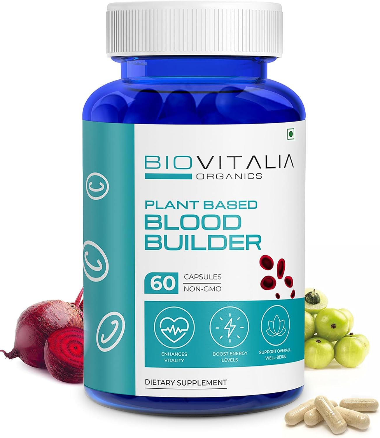 Plant-Based Iron Supplement with Vitamin C for Women | Red Blood Cell Support for Energy | Biovitalia Blood Builder - 60 Capsules