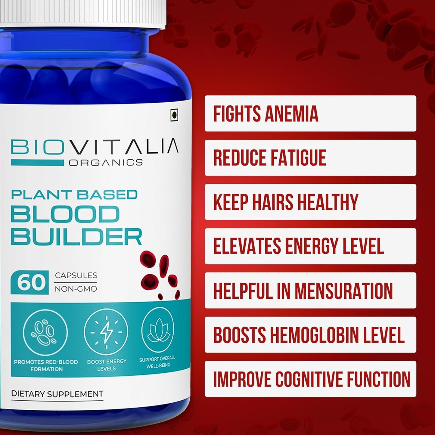 Plant-Based Iron Supplement with Vitamin C for Women | Red Blood Cell Support for Energy | Biovitalia Blood Builder - 60 Capsules