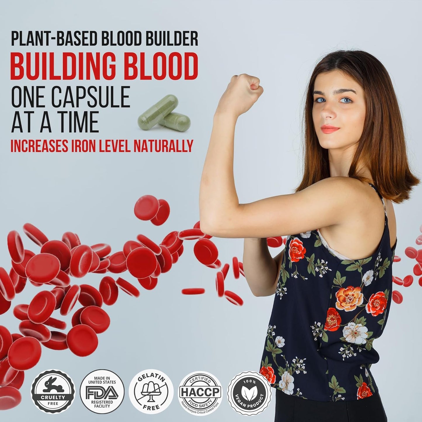 Plant-Based Iron Supplement with Vitamin C for Women | Red Blood Cell Support for Energy | Biovitalia Blood Builder - 60 Capsules