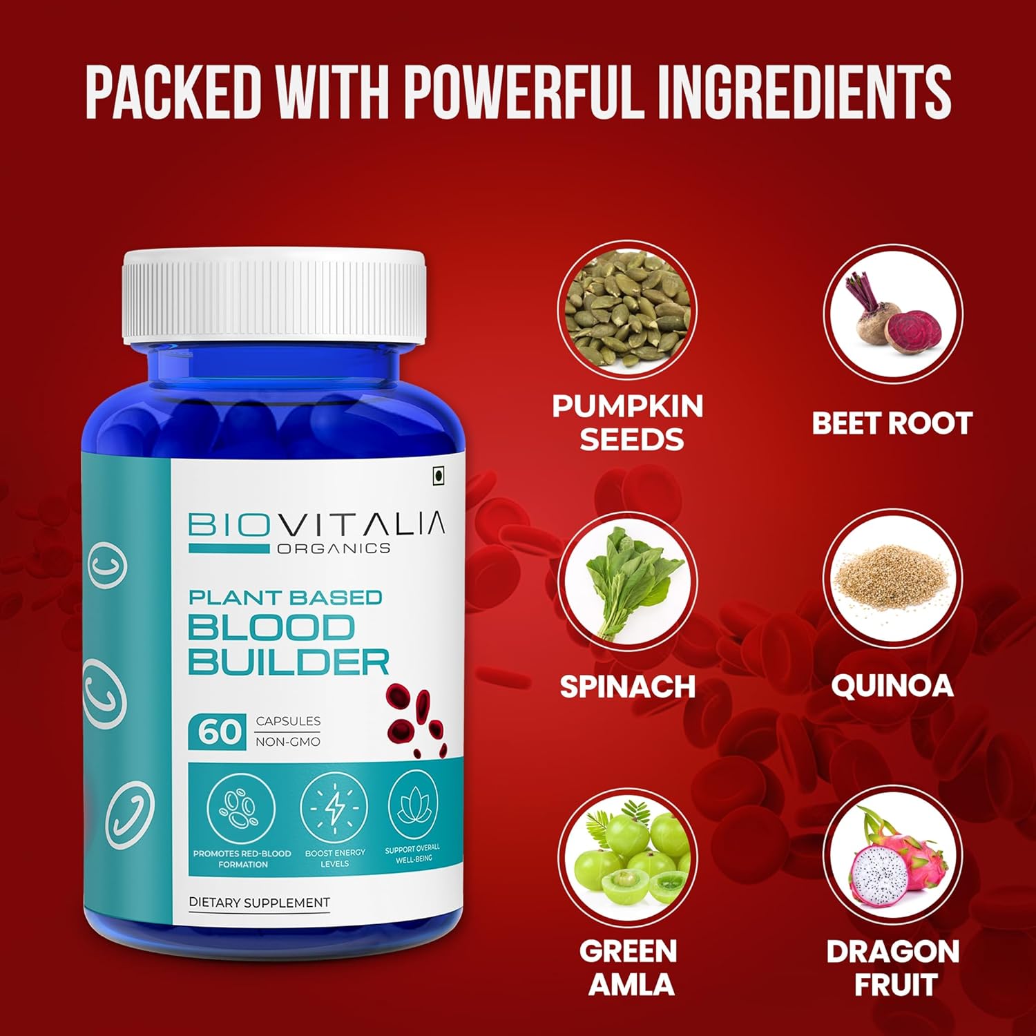 Plant-Based Iron Supplement with Vitamin C for Women | Red Blood Cell Support for Energy | Biovitalia Blood Builder - 60 Capsules