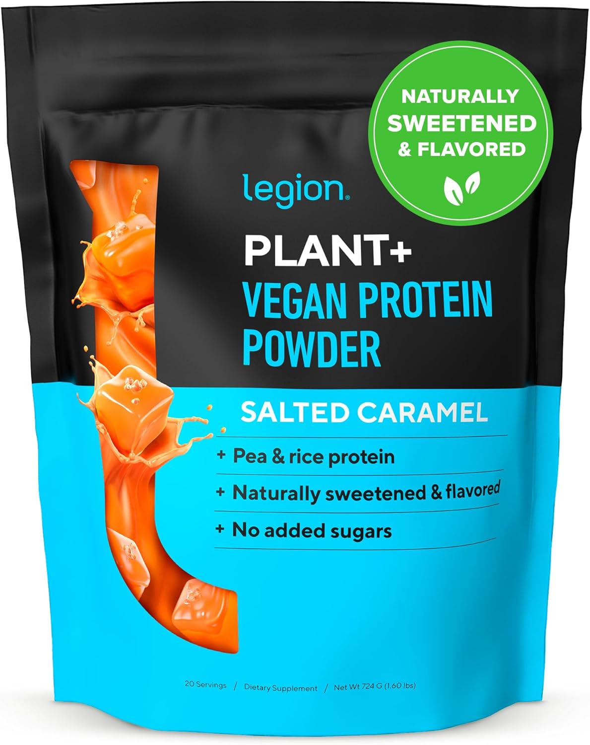 Plant-Based LEGION Protein Powder: Vegan Rice & Pea Blend, Gluten & GMO Free, 20 Servings, 2 Lbs - Salted Caramel Flavor