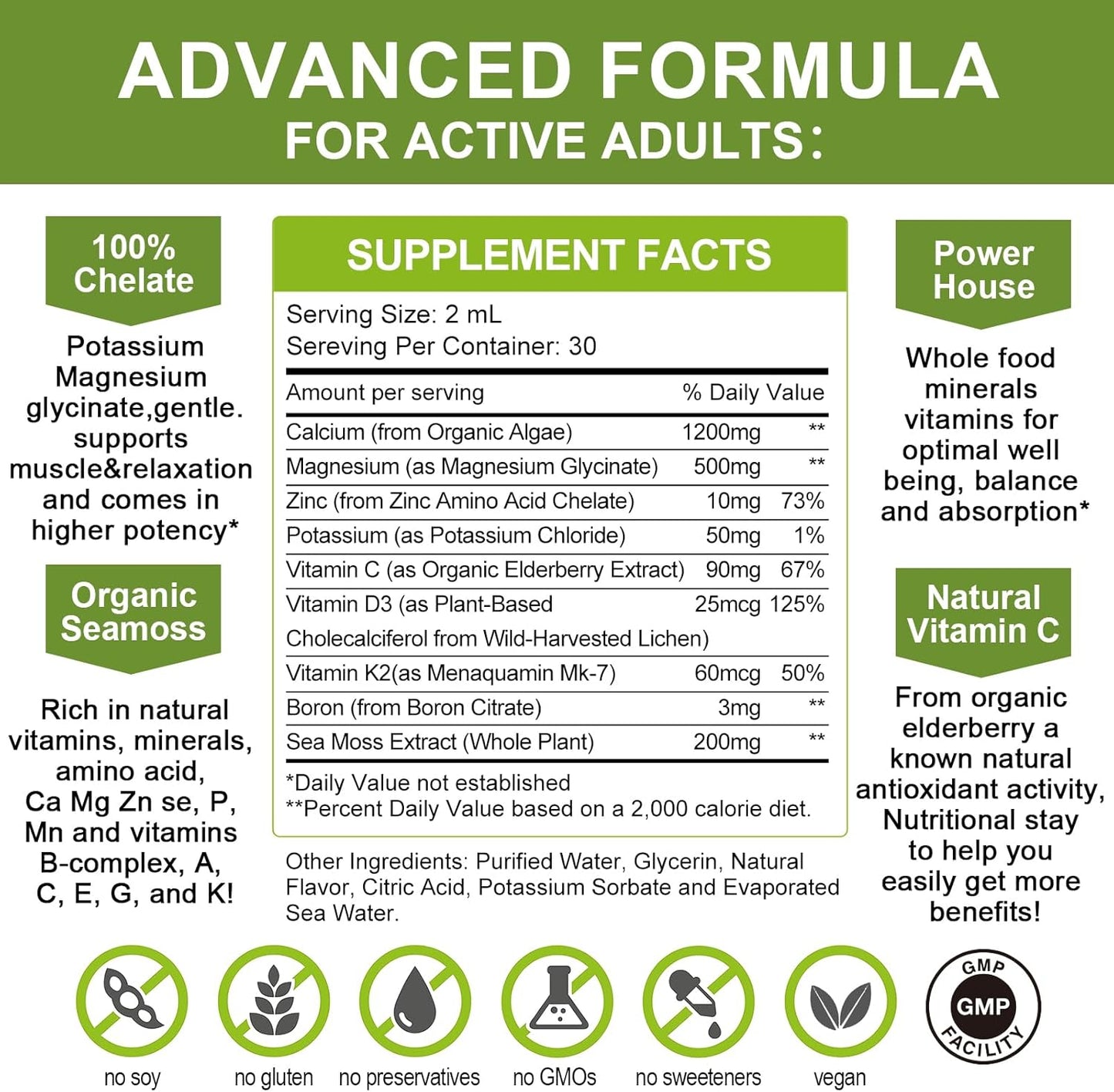 Plant-Based Liquid Calcium Magnesium Zinc Supplement with Vitamin D3, K2, and Vitamin C | Supports Heart and Bone Health | Gluten-Free, Sugar-Free | 30 Servings - Lemon Flavor