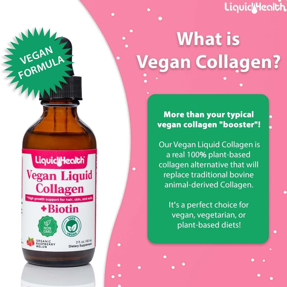 Plant-Based Liquid Collagen with Biotin for Hair, Skin, Nails - Vegan Liquid Drops for Metabolism Boost - Non-GMO, Sugar-Free - 3 Pack