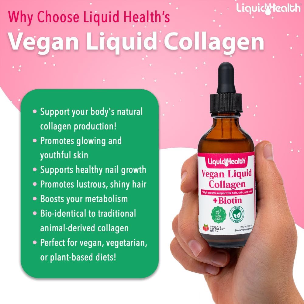Plant-Based Liquid Collagen with Biotin for Hair, Skin, Nails - Vegan Liquid Drops for Metabolism Boost - Non-GMO, Sugar-Free - 3 Pack