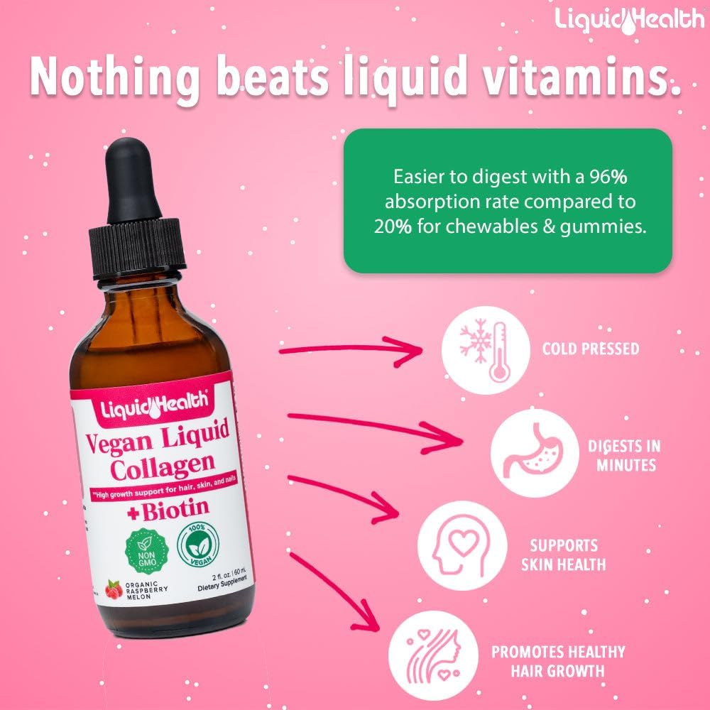 Plant-Based Liquid Collagen with Biotin for Hair, Skin, Nails - Vegan Liquid Drops for Metabolism Boost - Non-GMO, Sugar-Free - 3 Pack