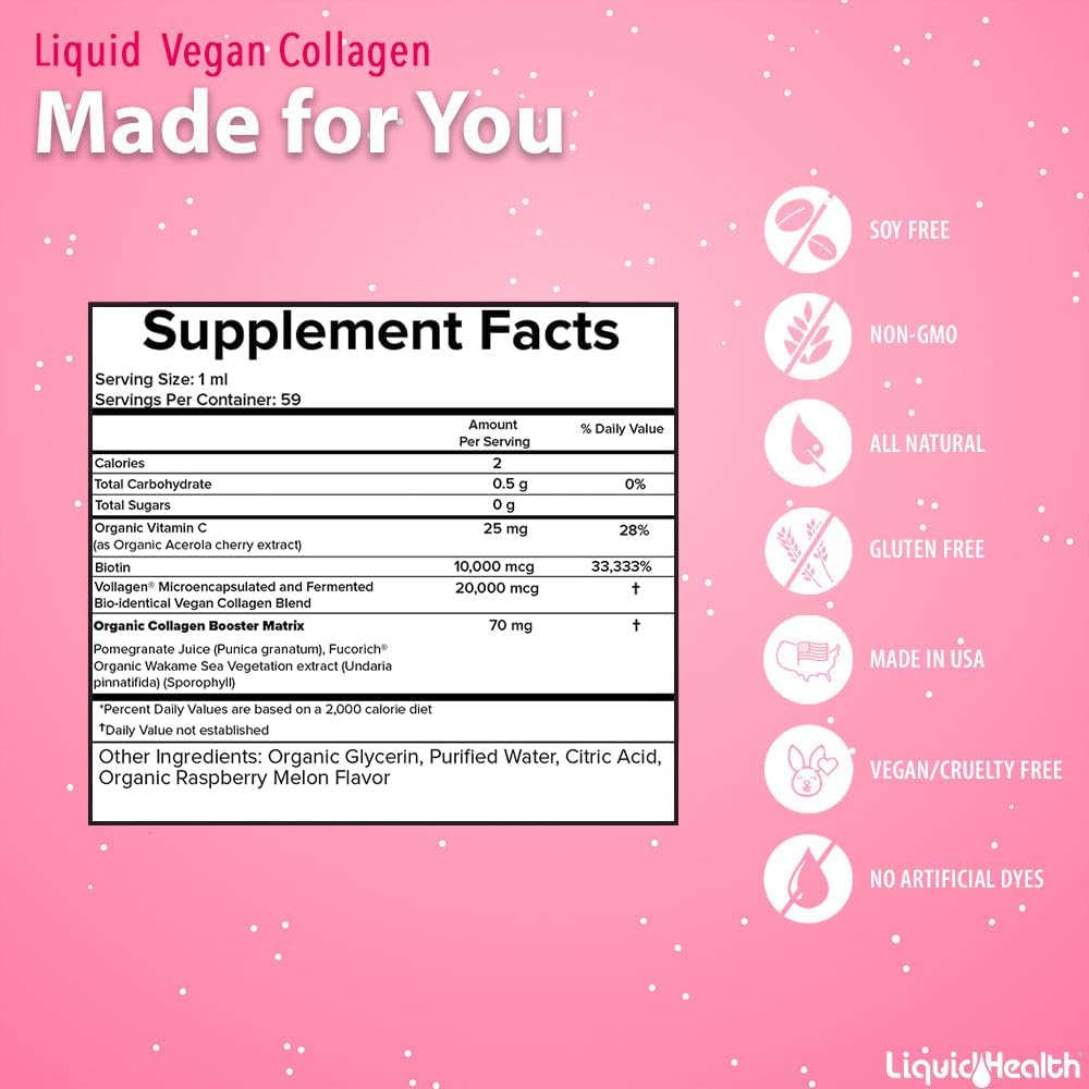 Plant-Based Liquid Collagen with Biotin for Hair, Skin, Nails - Vegan Liquid Drops for Metabolism Boost - Non-GMO, Sugar-Free - 3 Pack