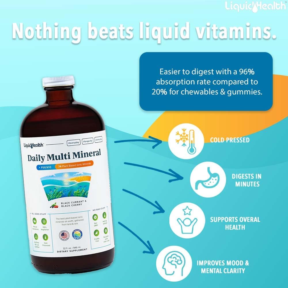 Plant-Based Liquid Mineral Supplement with Fulvic Acid, Aquamin Sea Trace Minerals - Immune Boost, Energy, Gut Health, Detox - Vegetarian (3 Pack)