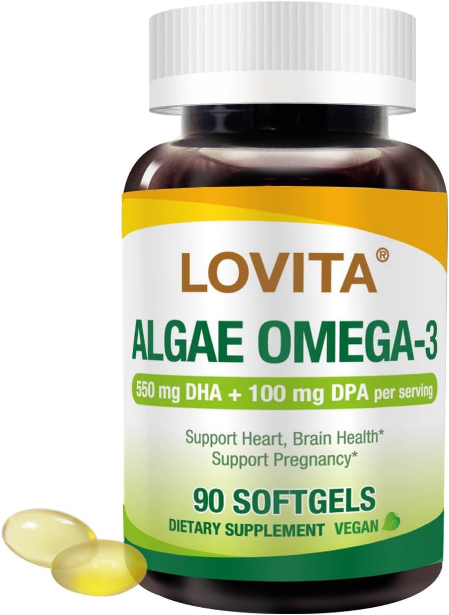 Plant-Based Lovita Algae Omega-3 Softgels - 1000mg DHA & DPA, Vegan Fish Oil Alternative for Heart & Brain Health - 90 Carrageen-Free Capsules