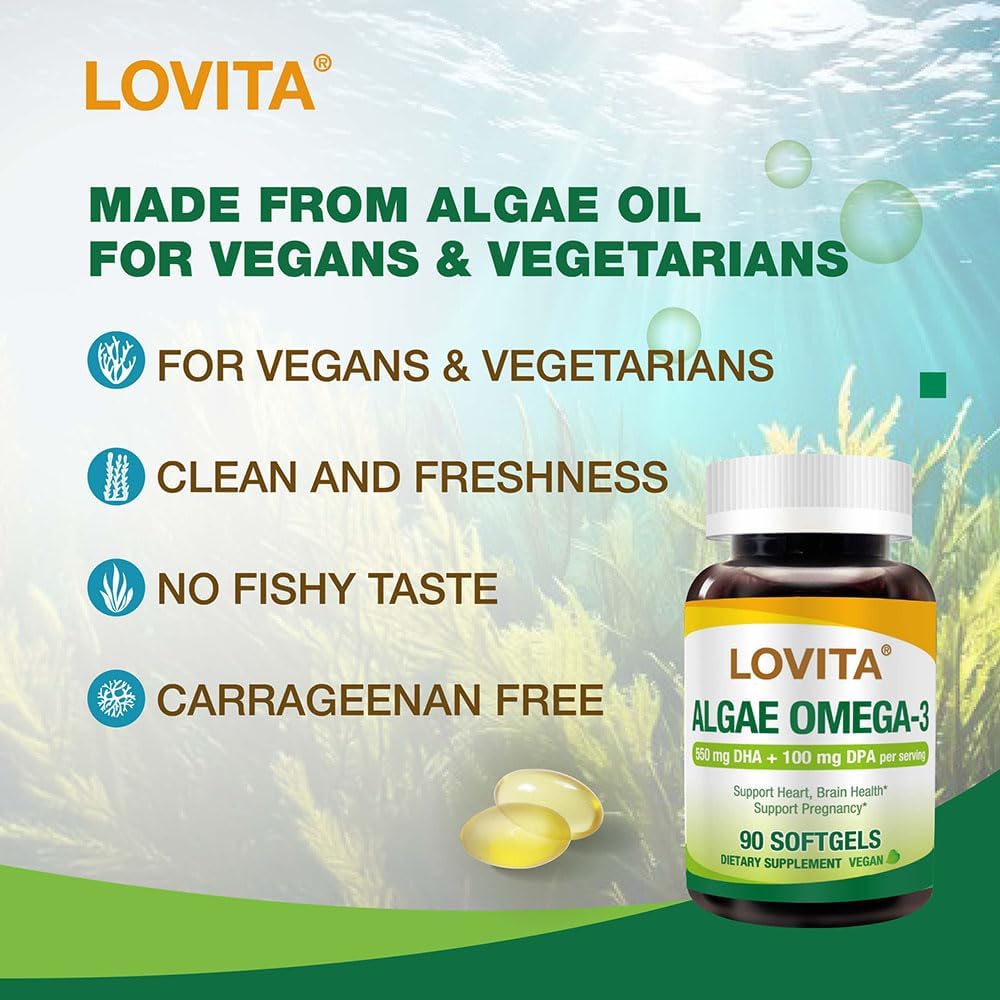 Plant-Based Lovita Algae Omega-3 Softgels - 1000mg DHA & DPA, Vegan Fish Oil Alternative for Heart & Brain Health - 90 Carrageen-Free Capsules