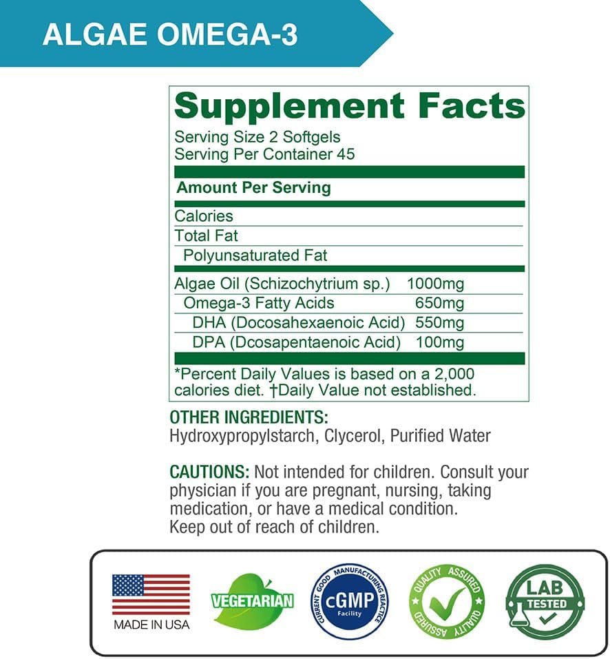 Plant-Based Lovita Algae Omega-3 Softgels - 1000mg DHA & DPA, Vegan Fish Oil Alternative for Heart & Brain Health - 90 Carrageen-Free Capsules