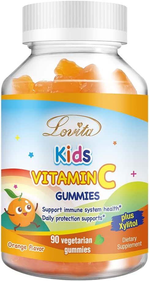 Plant-Based Lovita Kids Vitamin C Gummies - Immune Support with 150mg Vitamin C, Xylitol & Natural Orange Flavor - 90 Gummies