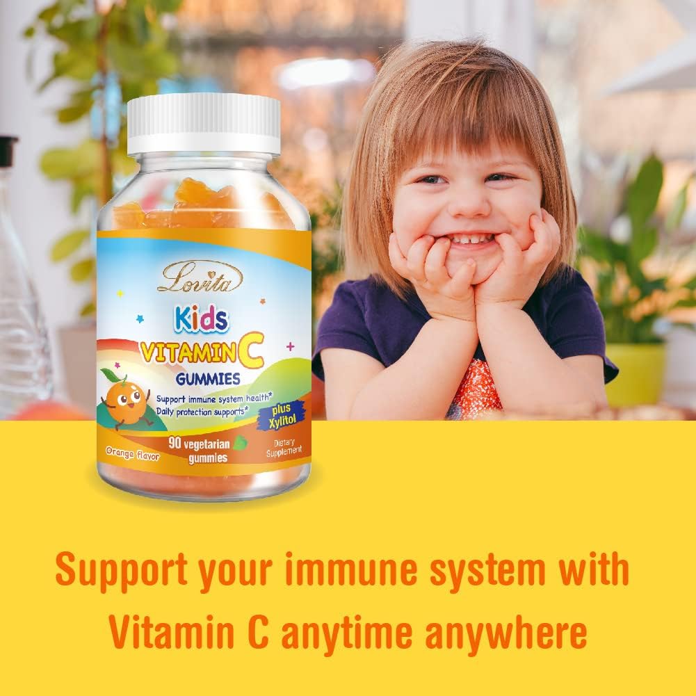 Plant-Based Lovita Kids Vitamin C Gummies - Immune Support with 150mg Vitamin C, Xylitol & Natural Orange Flavor - 90 Gummies