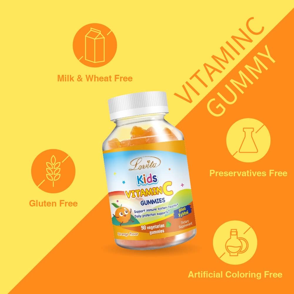 Plant-Based Lovita Kids Vitamin C Gummies - Immune Support with 150mg Vitamin C, Xylitol & Natural Orange Flavor - 90 Gummies