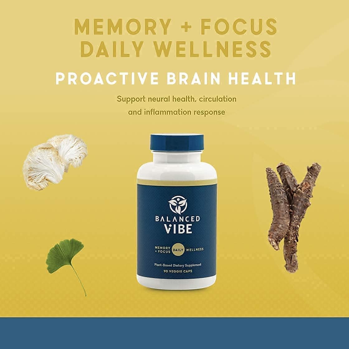 Plant-Based Memory, Focus, and Gut Health Supplement with 90 Capsules - Balanced Vibe Brain+Gut Health Axis for Inflammation Response