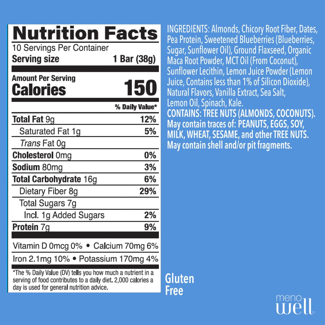 Plant-Based Menopause Protein Bars for Women - Fresh Blueberry Lemon Flavor with 25% Daily Fiber, 7g Protein, Weight Management Support, Low Sugar - 10 Count