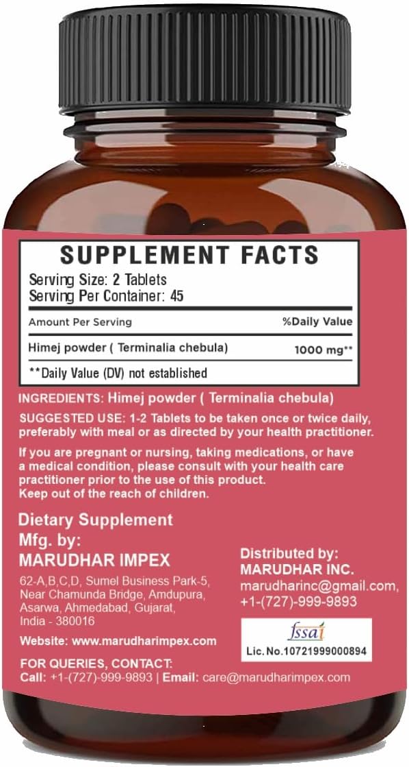 Plant-Based Miniature Harad (Terminalia Chebula) Tablets - Vegan & Gluten-Free Himej Powder Supplement - 90 Tablets (1000mg) for 45 Days