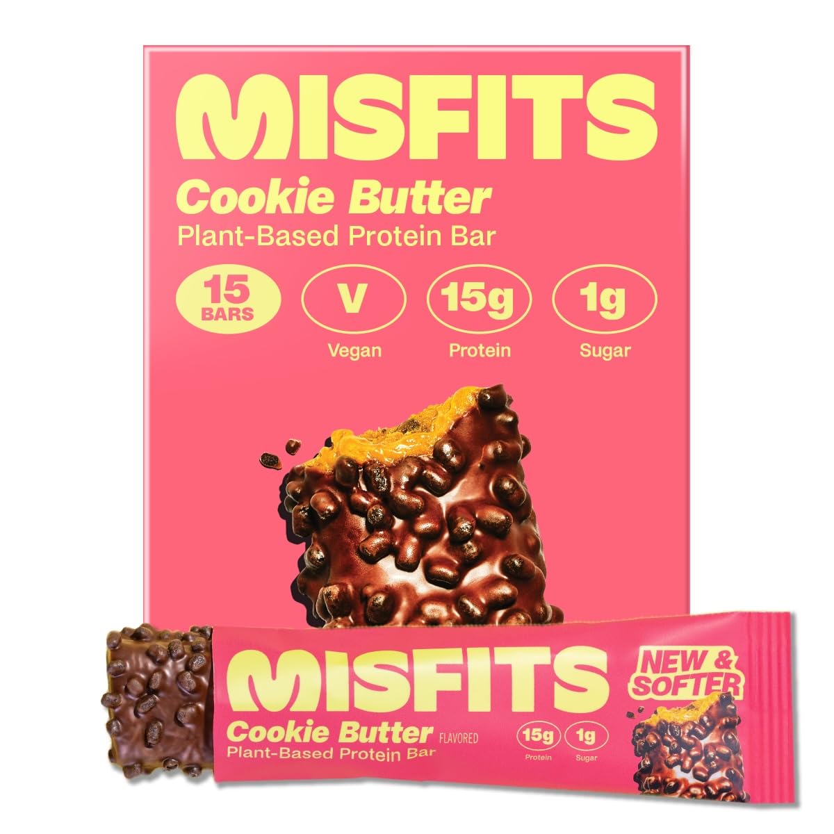 Plant-Based Misfits Cookie Butter Protein Bars - New Recipe | Low Sugar & Carb, High Fiber Snacks | Pack of 15