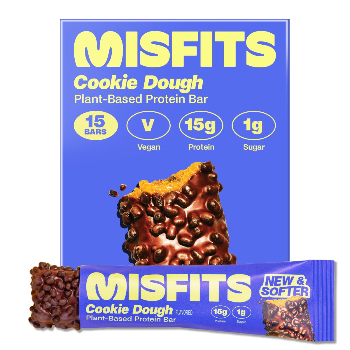 Plant-Based Misfits Cookie Dough Protein Bars with Updated Recipe - Pack of 15 | Low Sugar & Carb, High Fiber Vegan Snacks