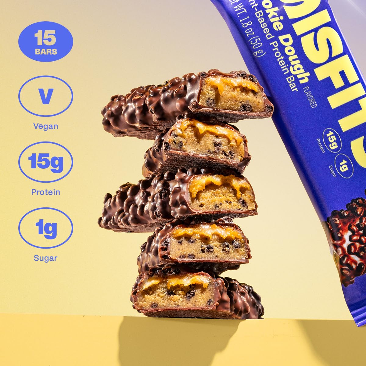 Plant-Based Misfits Cookie Dough Protein Bars with Updated Recipe - Pack of 15 | Low Sugar & Carb, High Fiber Vegan Snacks
