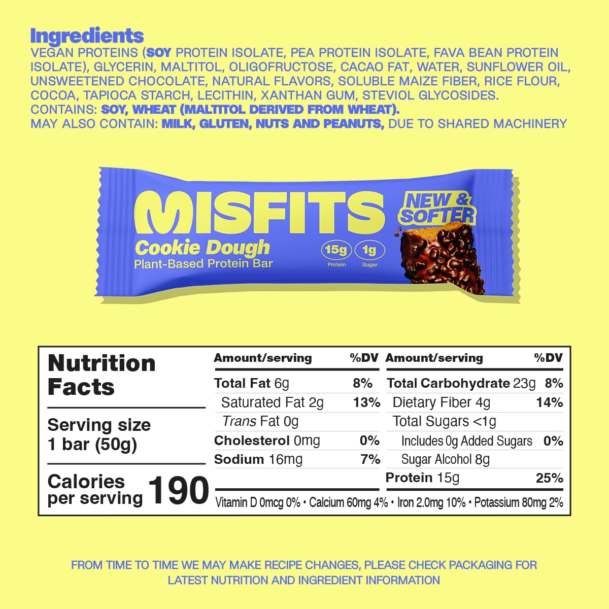 Plant-Based Misfits Cookie Dough Protein Bars with Updated Recipe - Pack of 15 | Low Sugar & Carb, High Fiber Vegan Snacks